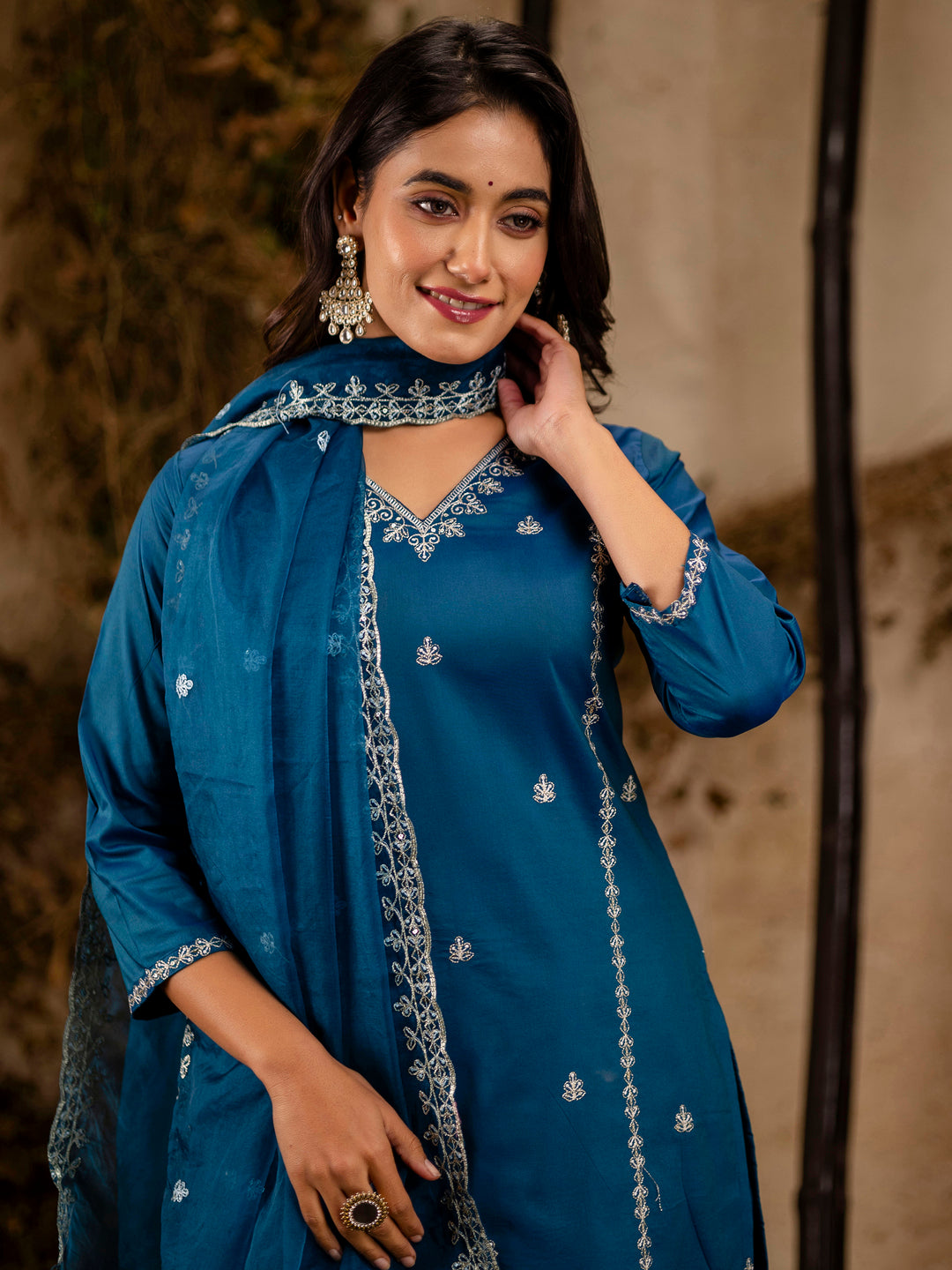 Women's Embroidered Silk Blend Calf Length Straight Kurta Trouser with Dupatta Set - FitVibe Fashion