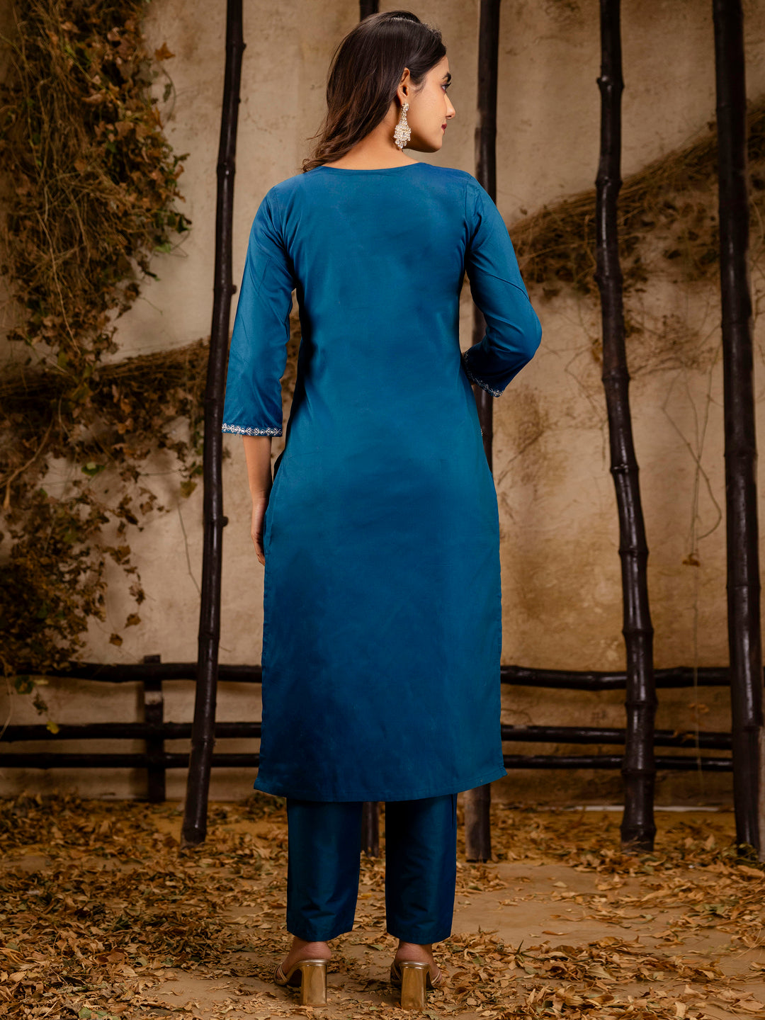 Women's Embroidered Silk Blend Calf Length Straight Kurta Trouser with Dupatta Set - FitVibe Fashion