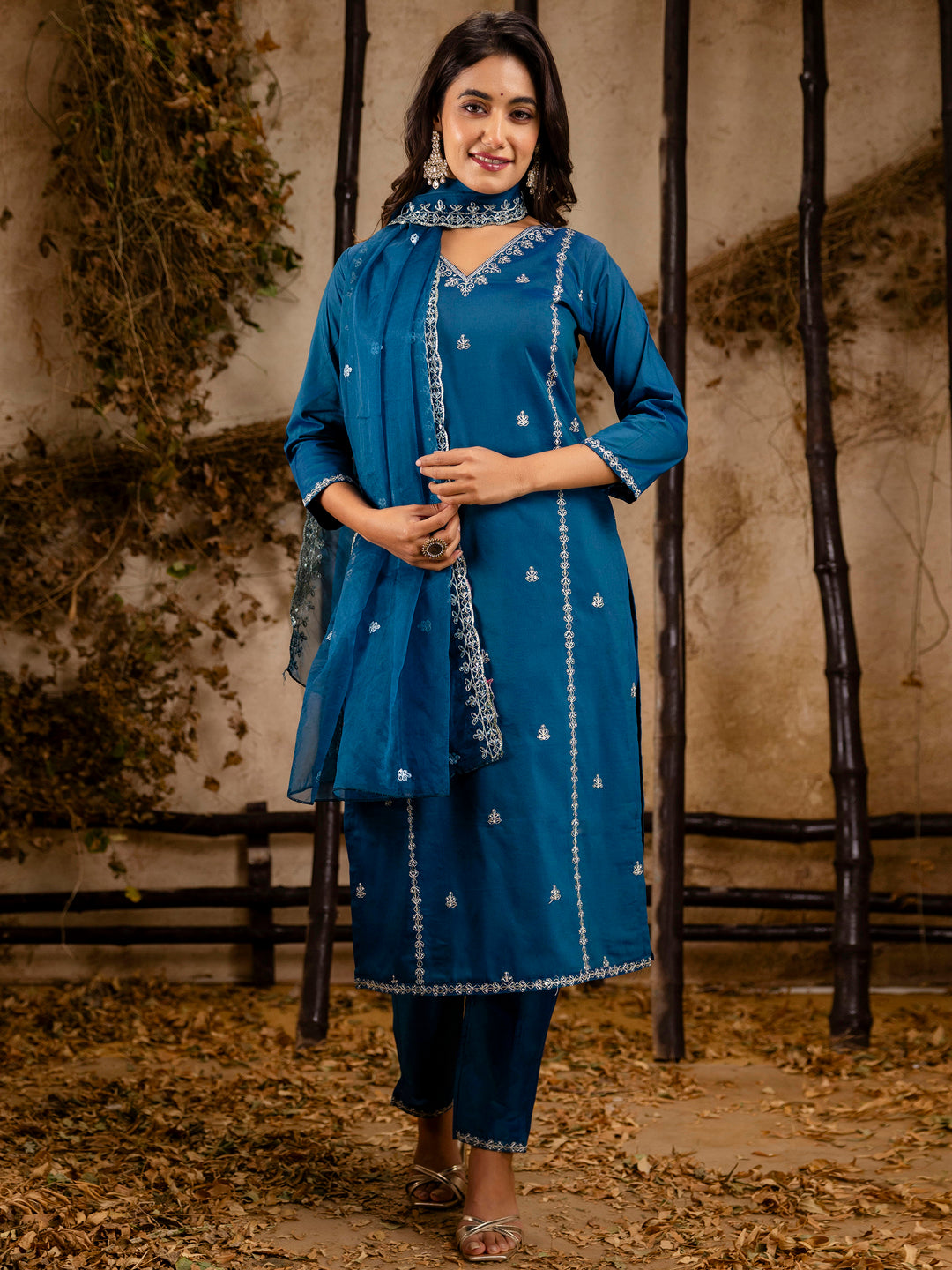 Women's Embroidered Silk Blend Calf Length Straight Kurta Trouser with Dupatta Set - FitVibe Fashion