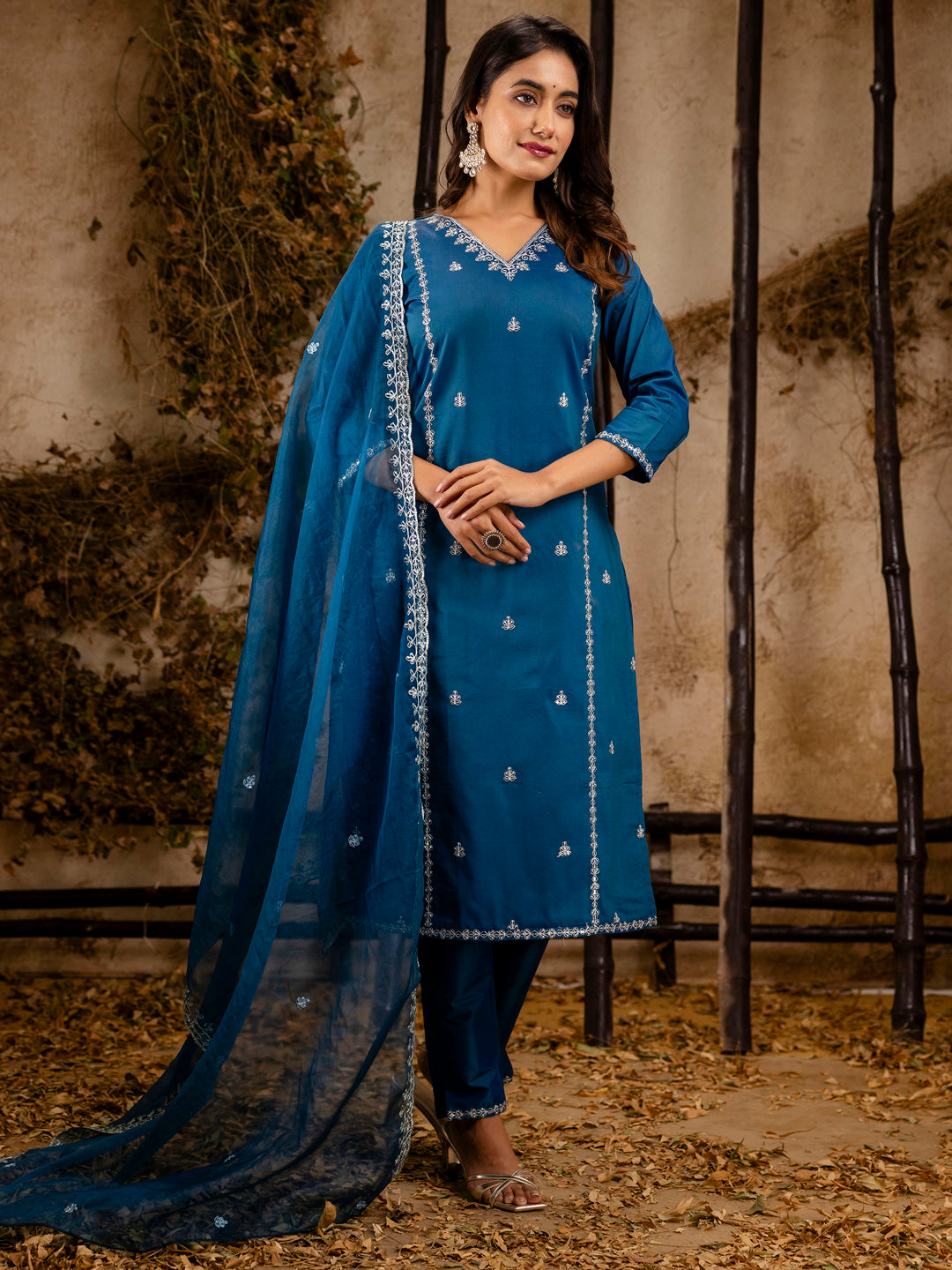 Women's Embroidered Silk Blend Calf Length Straight Kurta Trouser with Dupatta Set - FitVibe Fashion