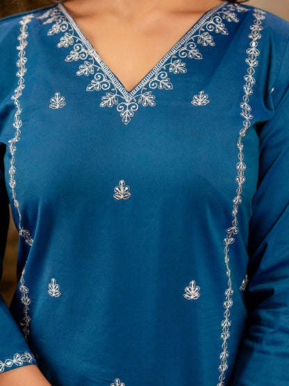 Women's Embroidered Silk Blend Calf Length Straight Kurta Trouser with Dupatta Set - FitVibe Fashion