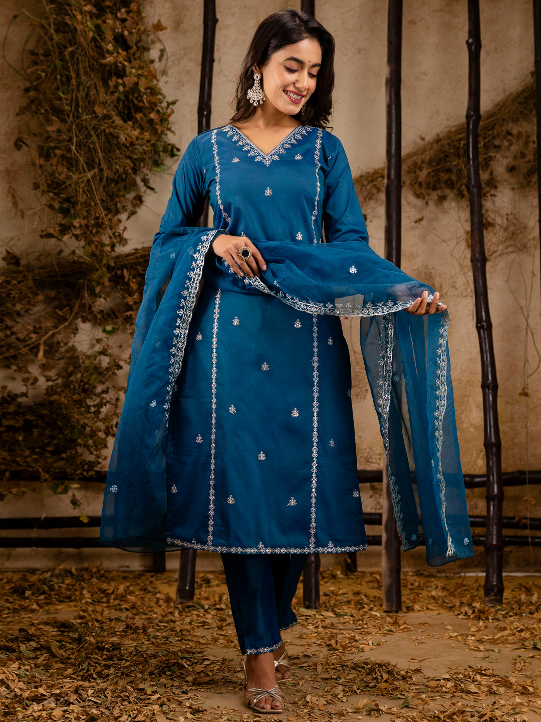 Women's Embroidered Silk Blend Calf Length Straight Kurta Trouser with Dupatta Set - FitVibe Fashion