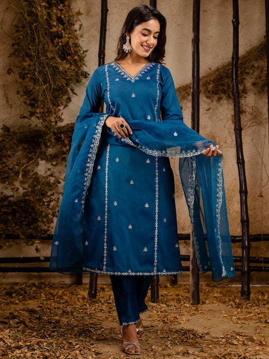 Women's Embroidered Silk Blend Calf Length Straight Kurta Trouser with Dupatta Set - FitVibe Fashion