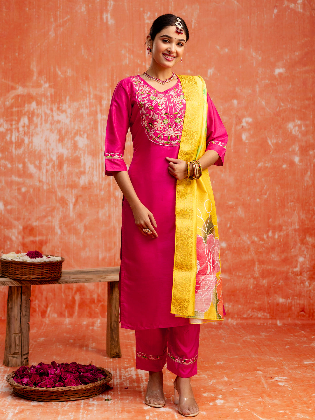 Women Silk Blend Kurta Pant Dupatta Set - FitVibe Fashion