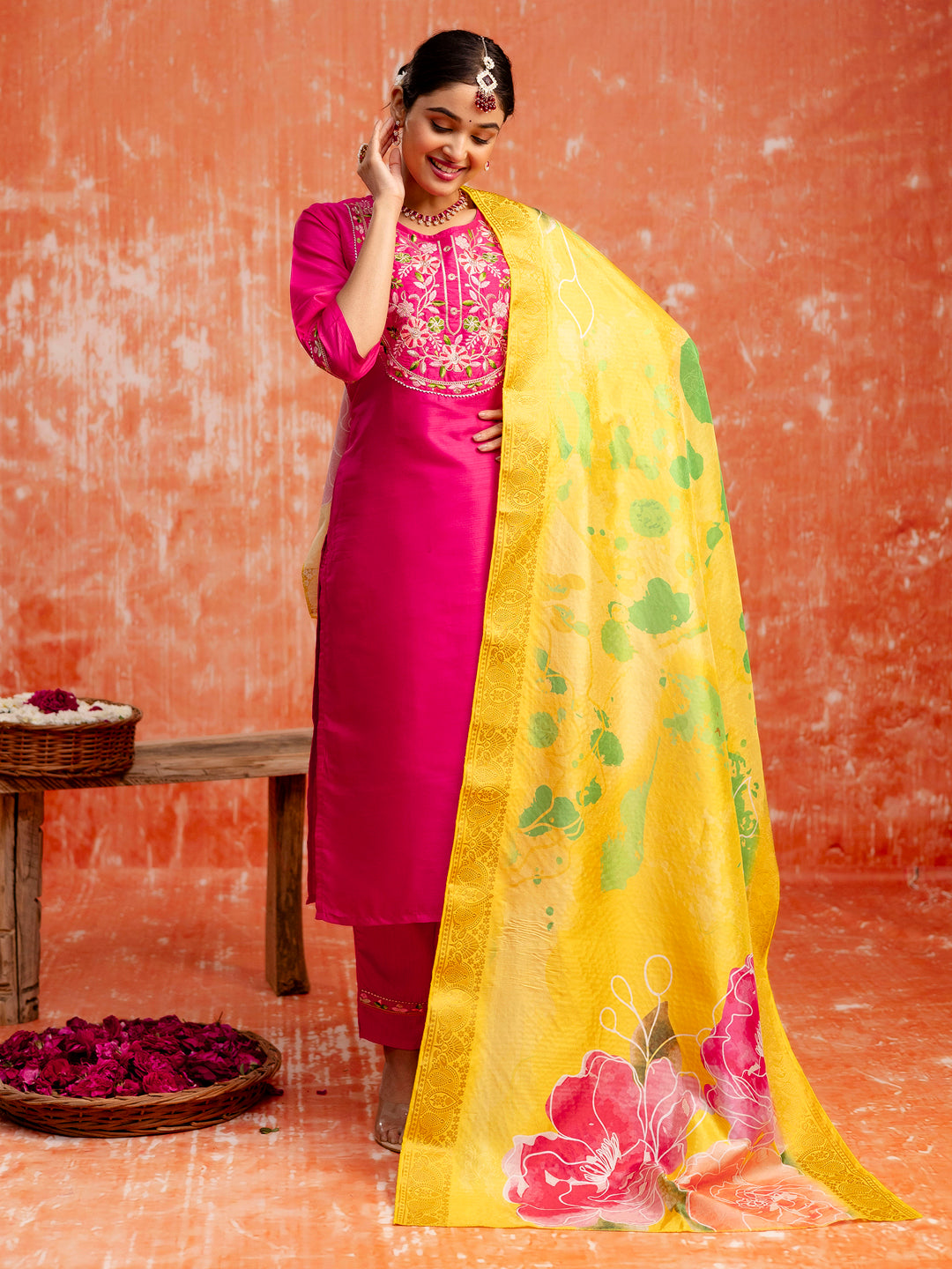 Women Silk Blend Kurta Pant Dupatta Set - FitVibe Fashion