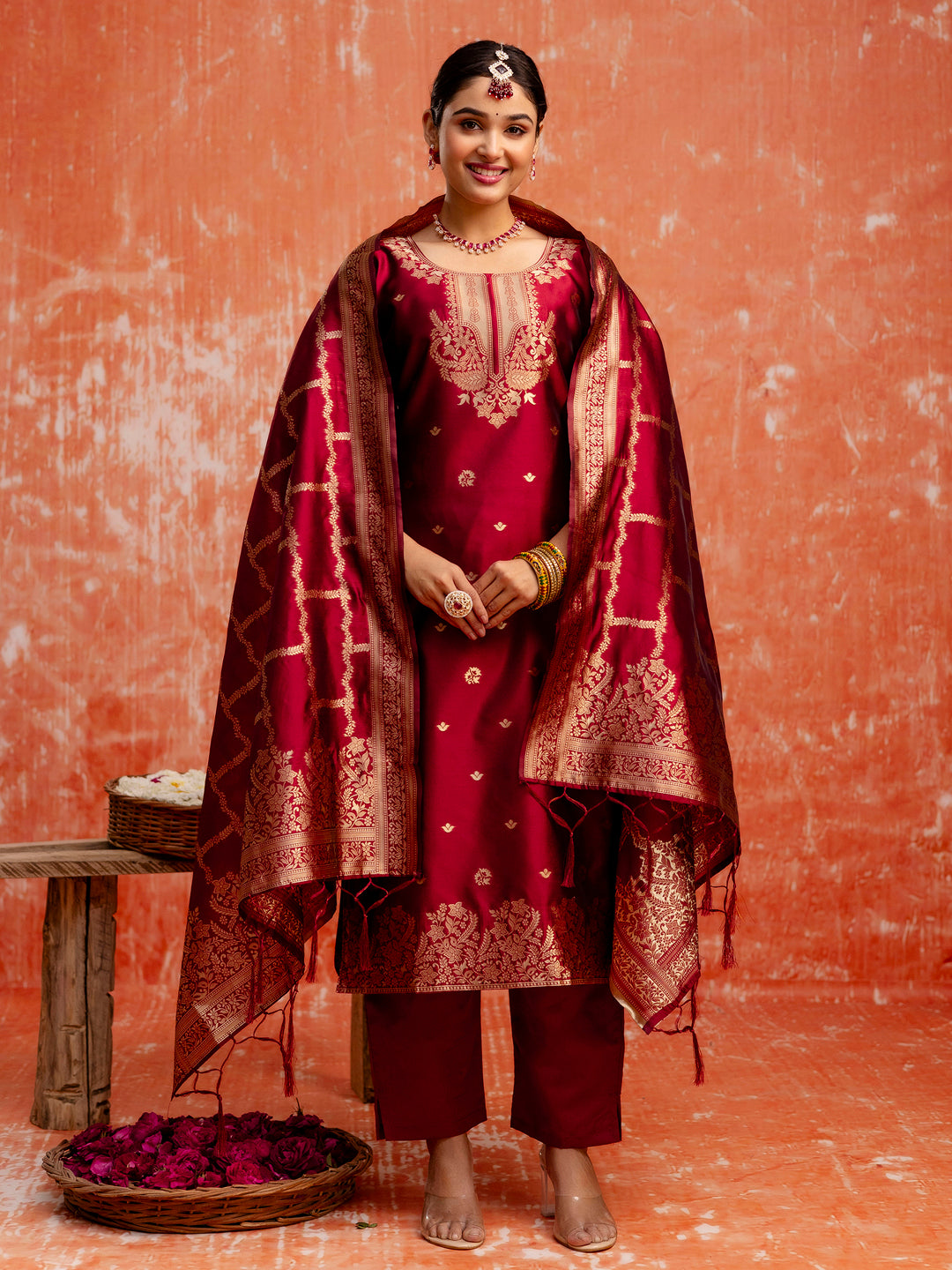 Women Silk Blend Kurta Pant Dupatta Set - FitVibe Fashion