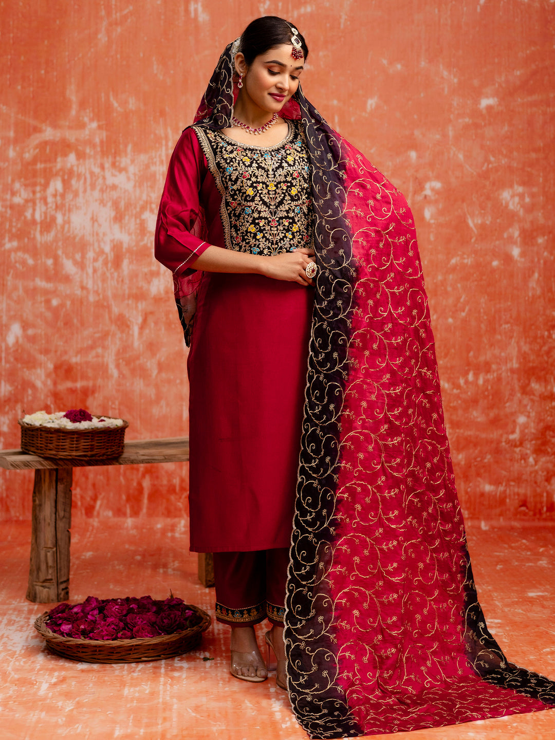 Women Silk Blend Kurta Pant Dupatta Set - FitVibe Fashion