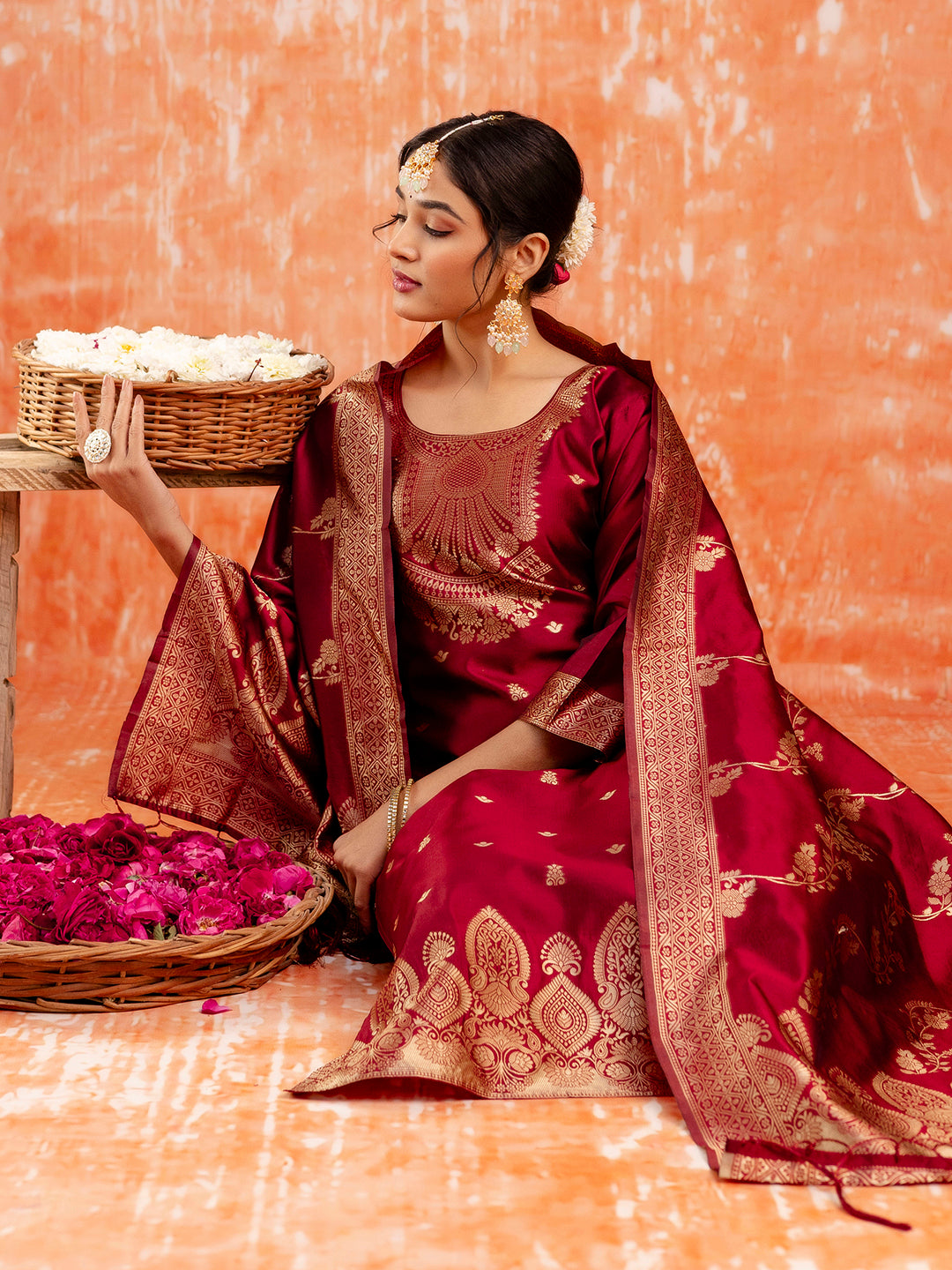 Malika Women Silk Blend Kurta Pant Dupatta Set - FitVibe Fashion