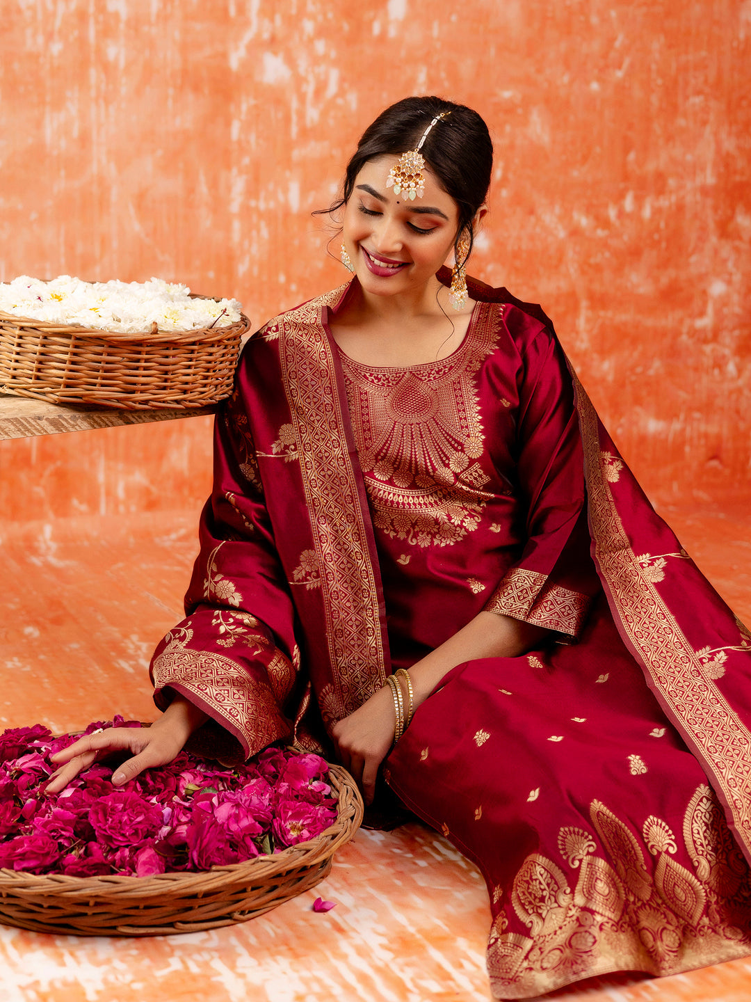 Malika Women Silk Blend Kurta Pant Dupatta Set - FitVibe Fashion