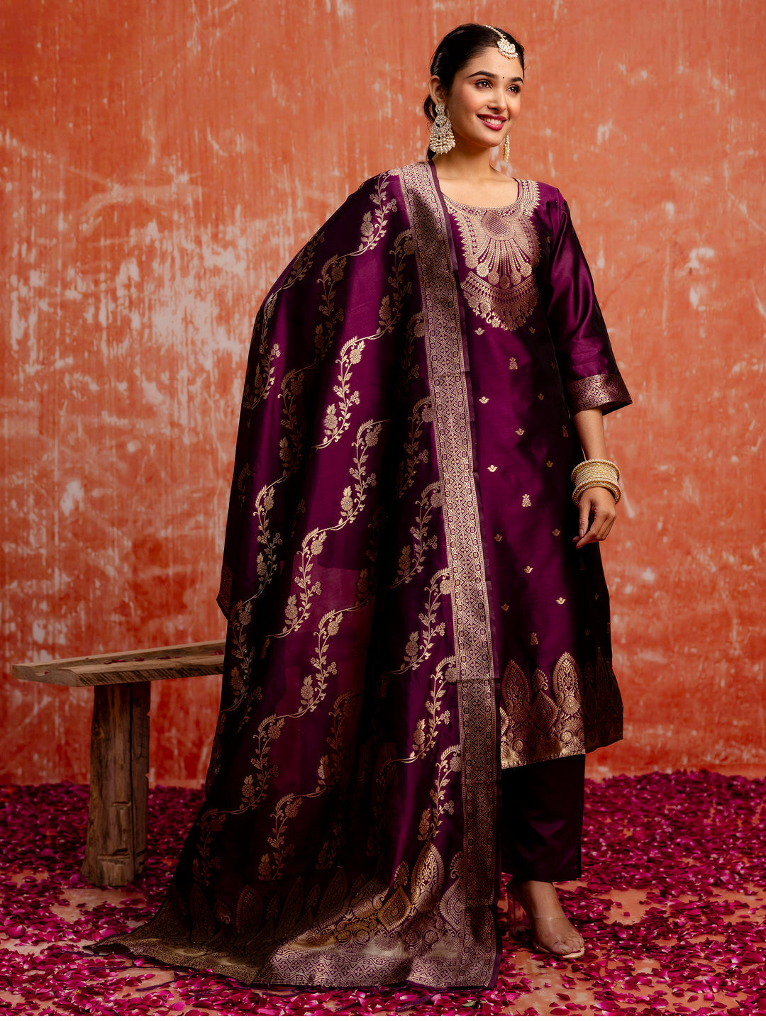 Malika Women Silk Blend Kurta Pant Dupatta Set - FitVibe Fashion