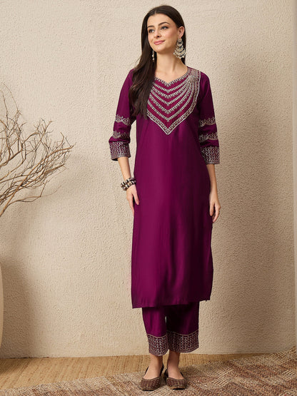 Kamya Purple Ethnic Motifs Embroidered Straight Kurta with Trousers & Dupatta - FitVibe Fashion
