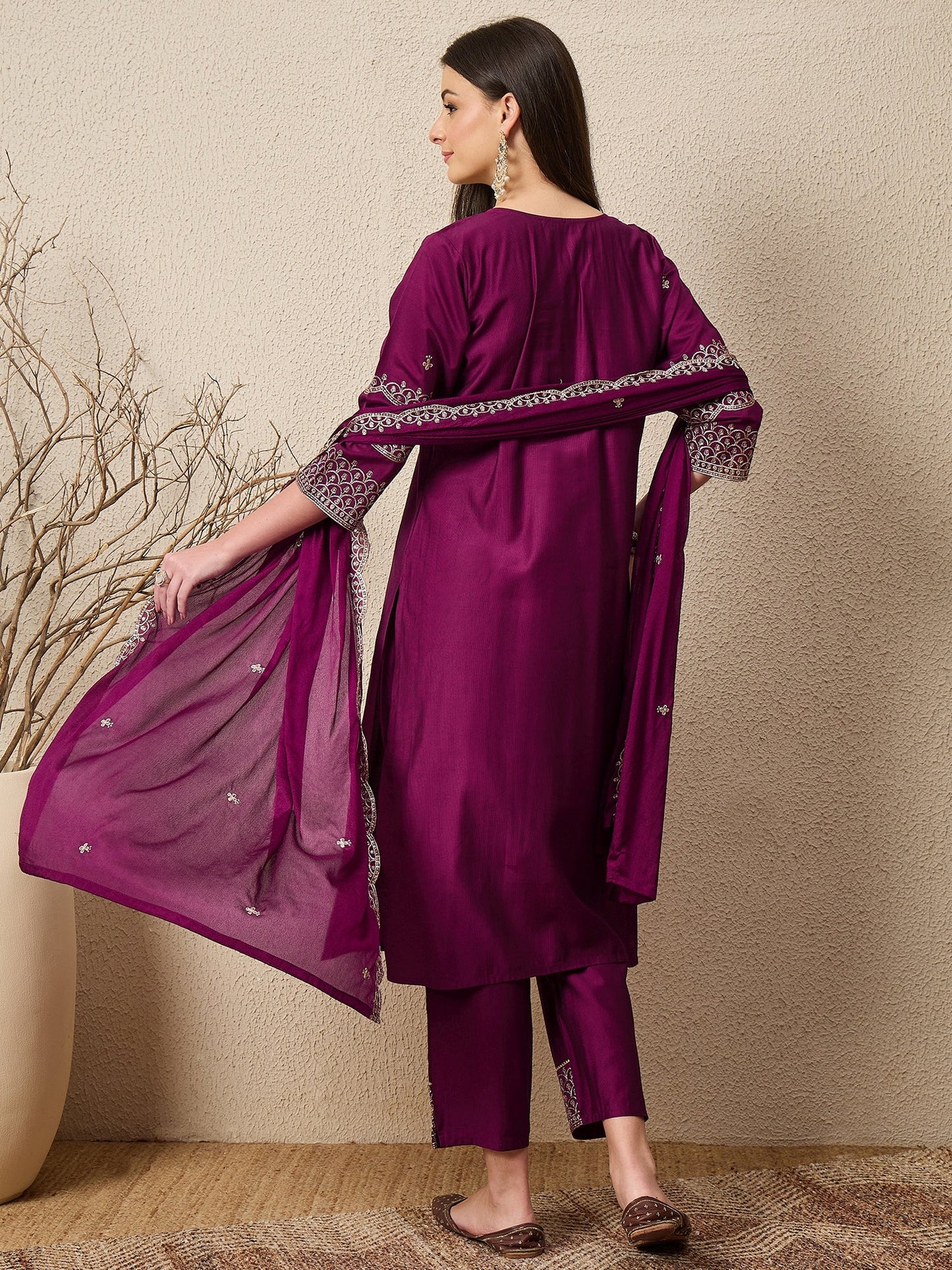 Kamya Purple Ethnic Motifs Embroidered Straight Kurta with Trousers & Dupatta - FitVibe Fashion