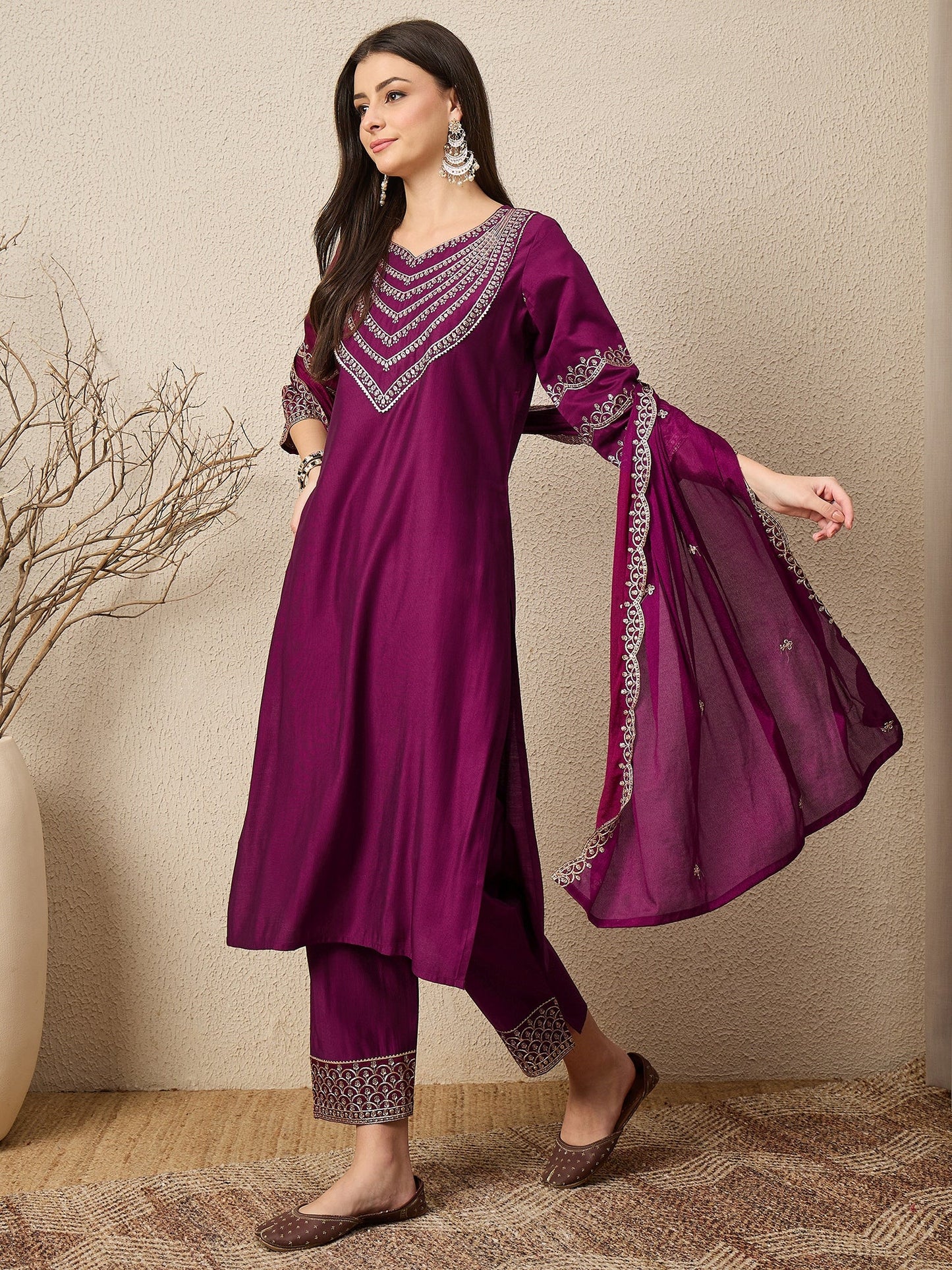 Kamya Purple Ethnic Motifs Embroidered Straight Kurta with Trousers & Dupatta - FitVibe Fashion