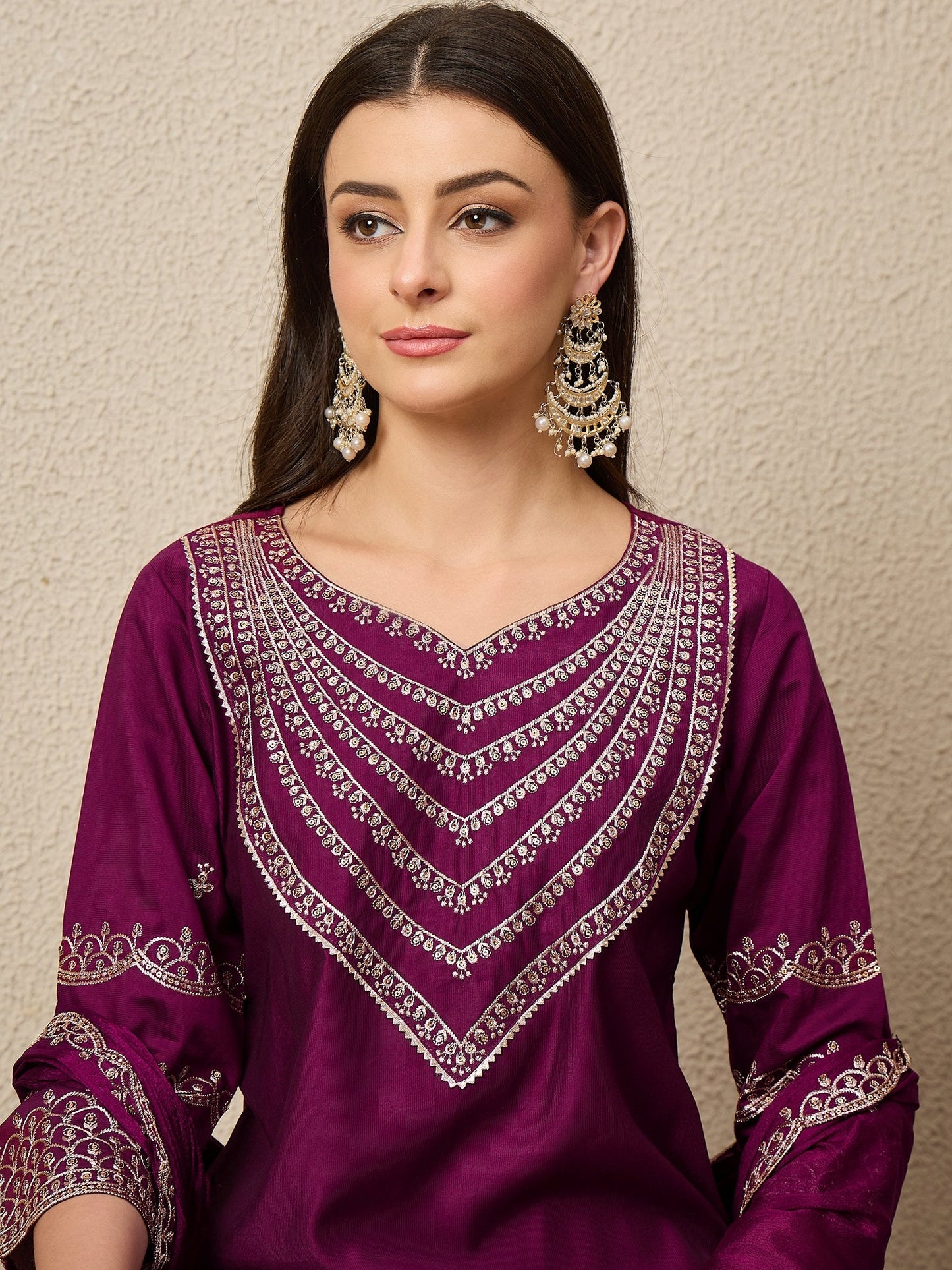 Kamya Purple Ethnic Motifs Embroidered Straight Kurta with Trousers & Dupatta - FitVibe Fashion