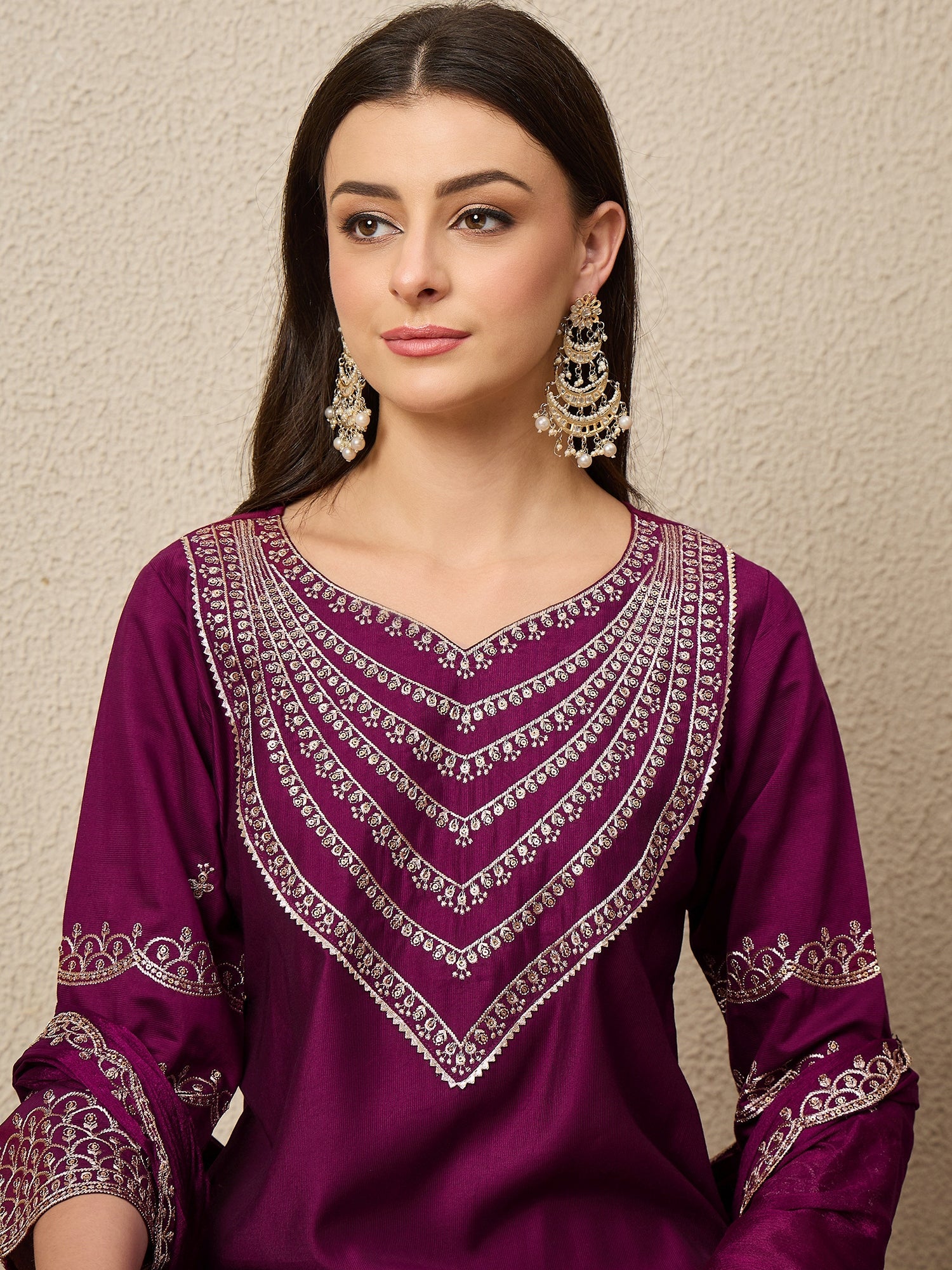 Kamya Purple Ethnic Motifs Embroidered Straight Kurta with Trousers & Dupatta - FitVibe Fashion