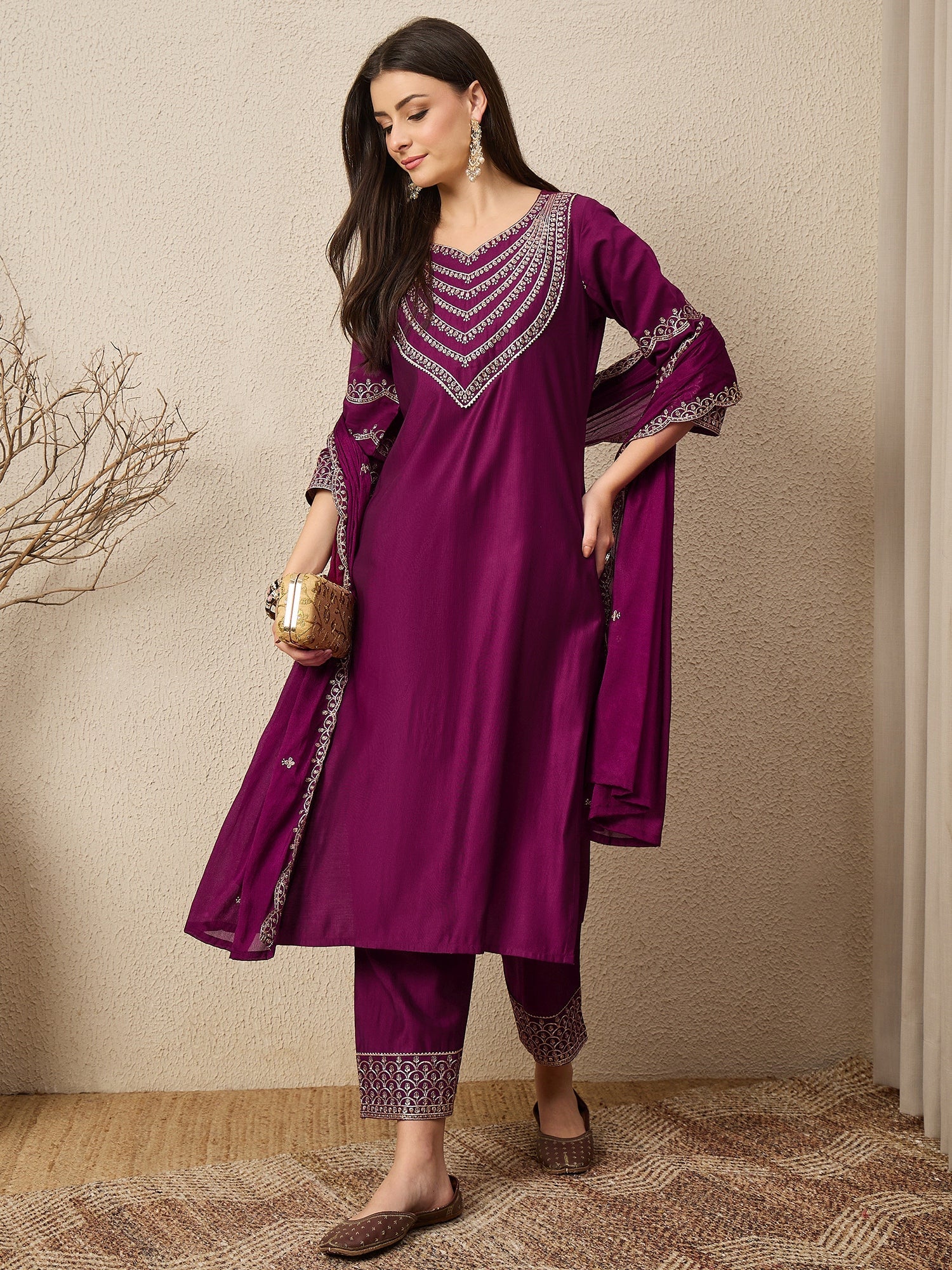 Kamya Purple Ethnic Motifs Embroidered Straight Kurta with Trousers & Dupatta - FitVibe Fashion