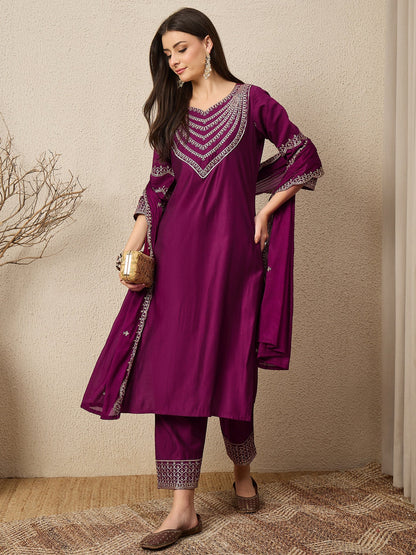 Kamya Purple Ethnic Motifs Embroidered Straight Kurta with Trousers & Dupatta - FitVibe Fashion