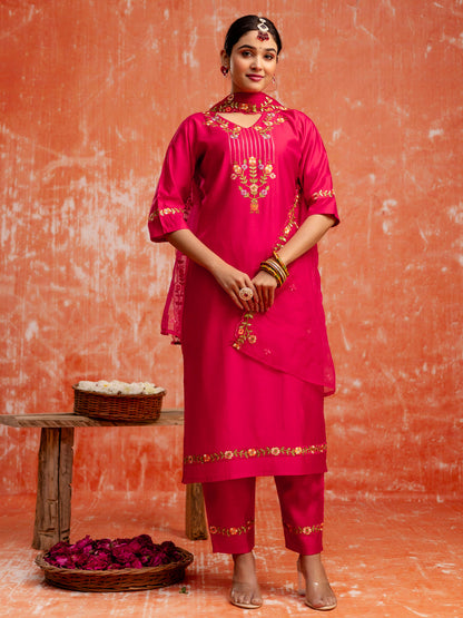 Women's Viscose Rayon Embroidered Kurta Pant Set with Organza Dupatta Modern and Traditional Blend Ethnic Wear Set - FitVibe Fashion