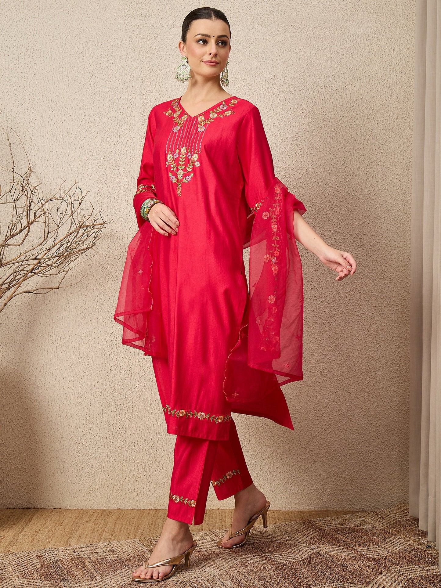 Mahima Pink Embroidered Viscose Blend Straight Suit With Dupatta - FitVibe Fashion
