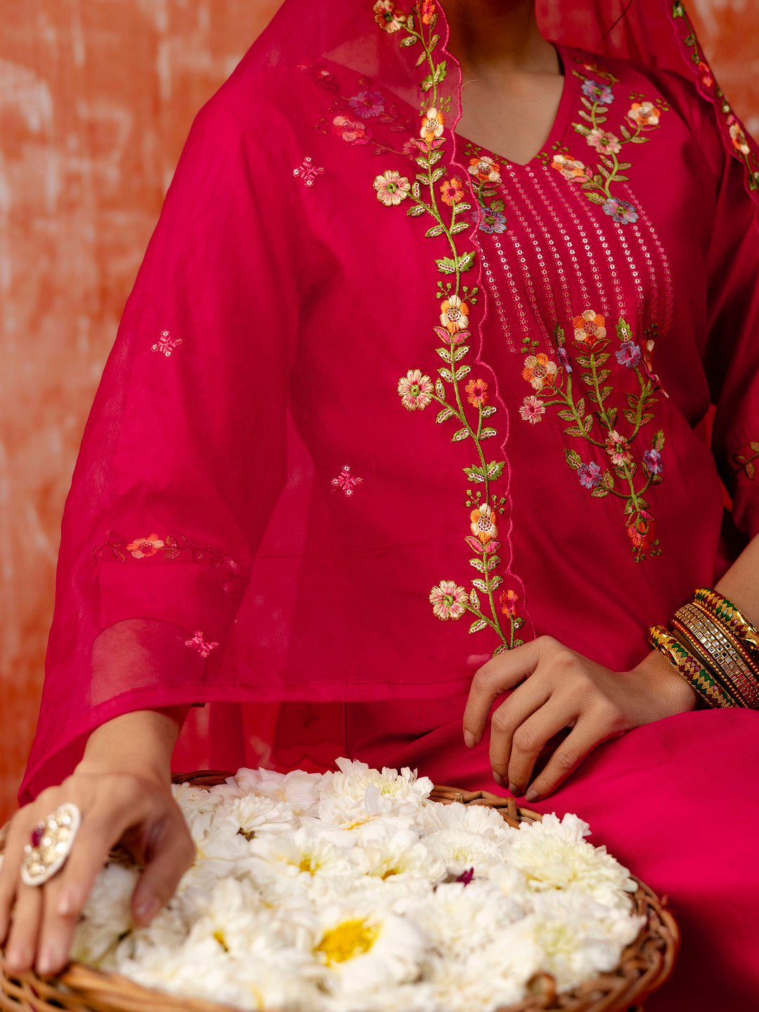 Women's Viscose Rayon Embroidered Kurta Pant Set with Organza Dupatta Modern and Traditional Blend Ethnic Wear Set - FitVibe Fashion