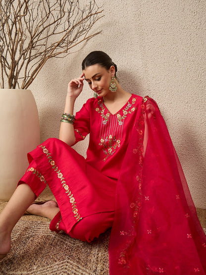 Mahima Pink Embroidered Viscose Blend Straight Suit With Dupatta - FitVibe Fashion
