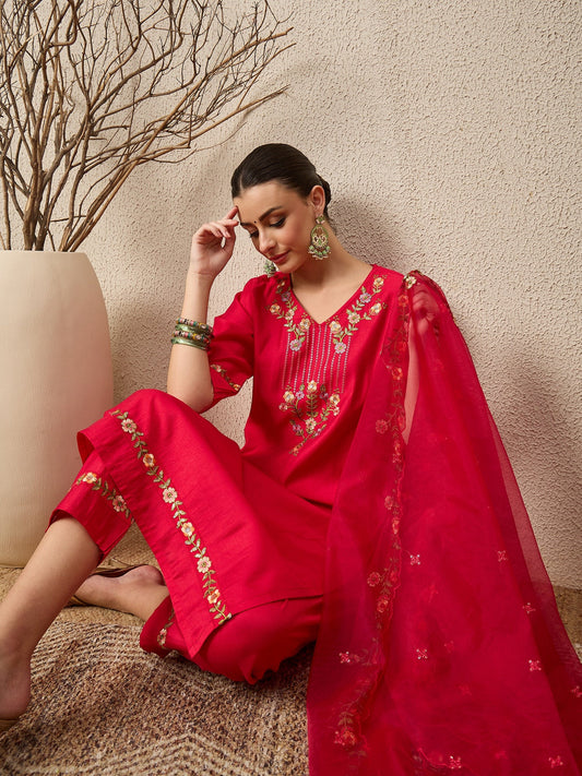 Mahima Pink Embroidered Viscose Blend Straight Suit With Dupatta - FitVibe Fashion