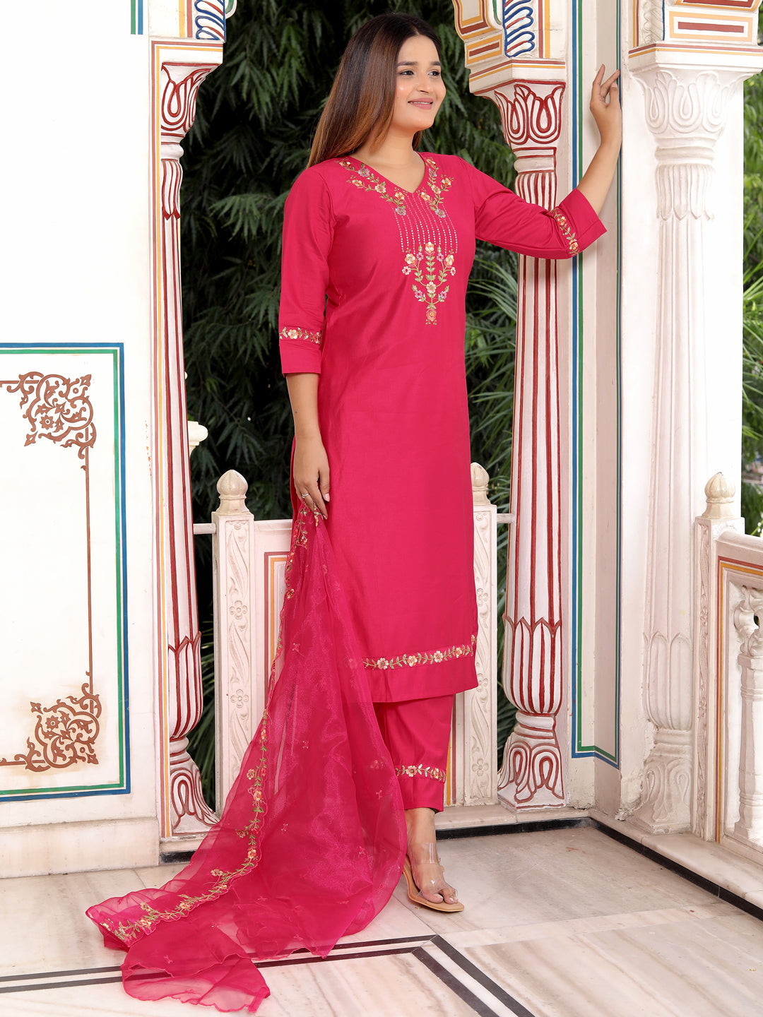 Bhagya Pink Floral Yoke Design V-Neck Sequinned Straight Kurta With Trousers & Dupatta - FitVibe Fashion