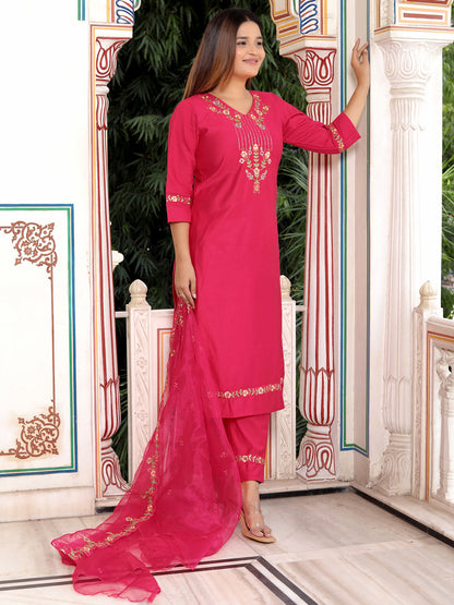Bhagya Pink Floral Yoke Design V-Neck Sequinned Straight Kurta With Trousers & Dupatta - FitVibe Fashion