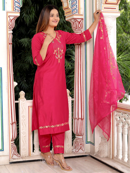 Bhagya Pink Floral Yoke Design V-Neck Sequinned Straight Kurta With Trousers & Dupatta - FitVibe Fashion