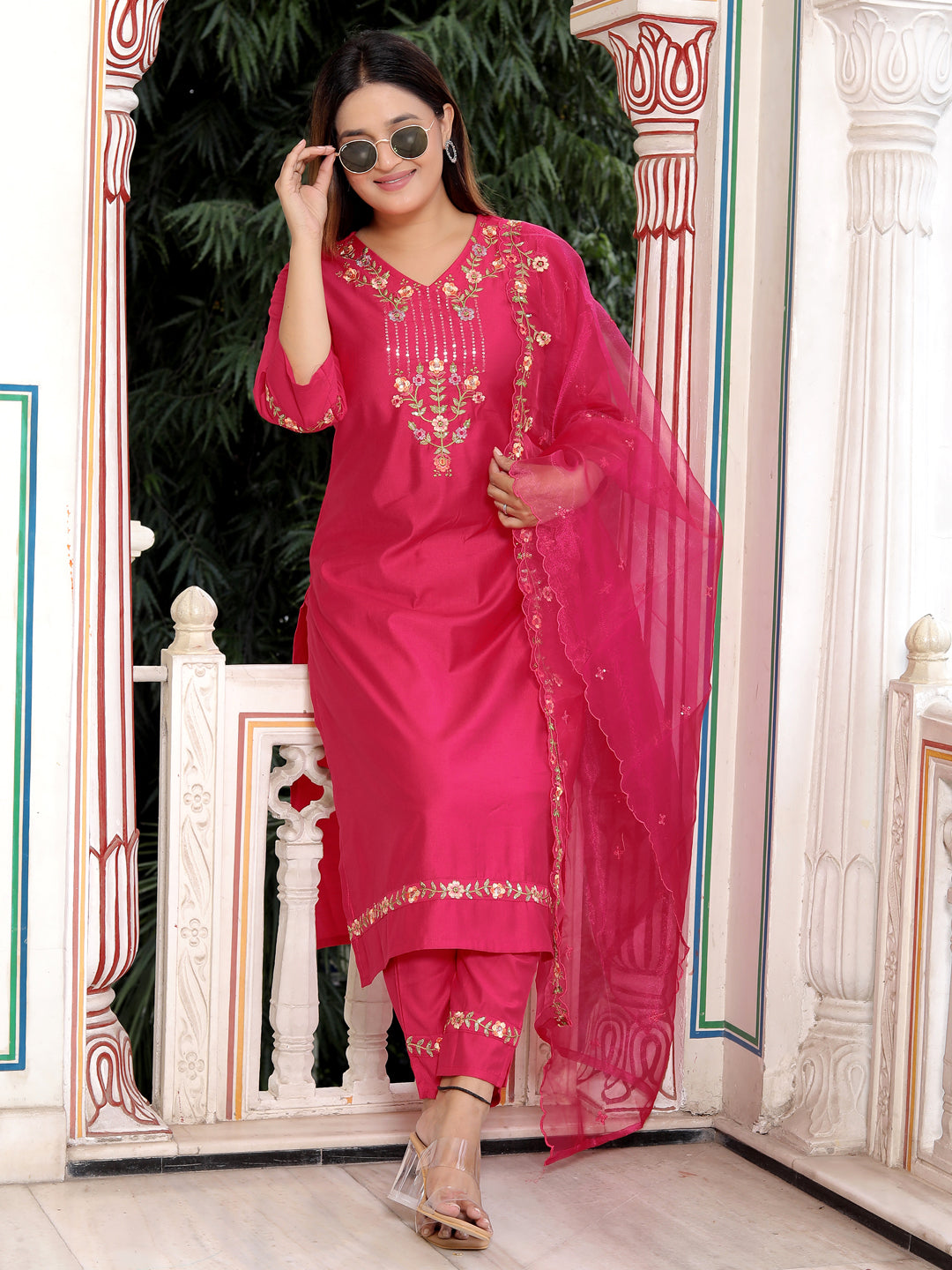 Bhagya Pink Floral Yoke Design V-Neck Sequinned Straight Kurta With Trousers & Dupatta - FitVibe Fashion
