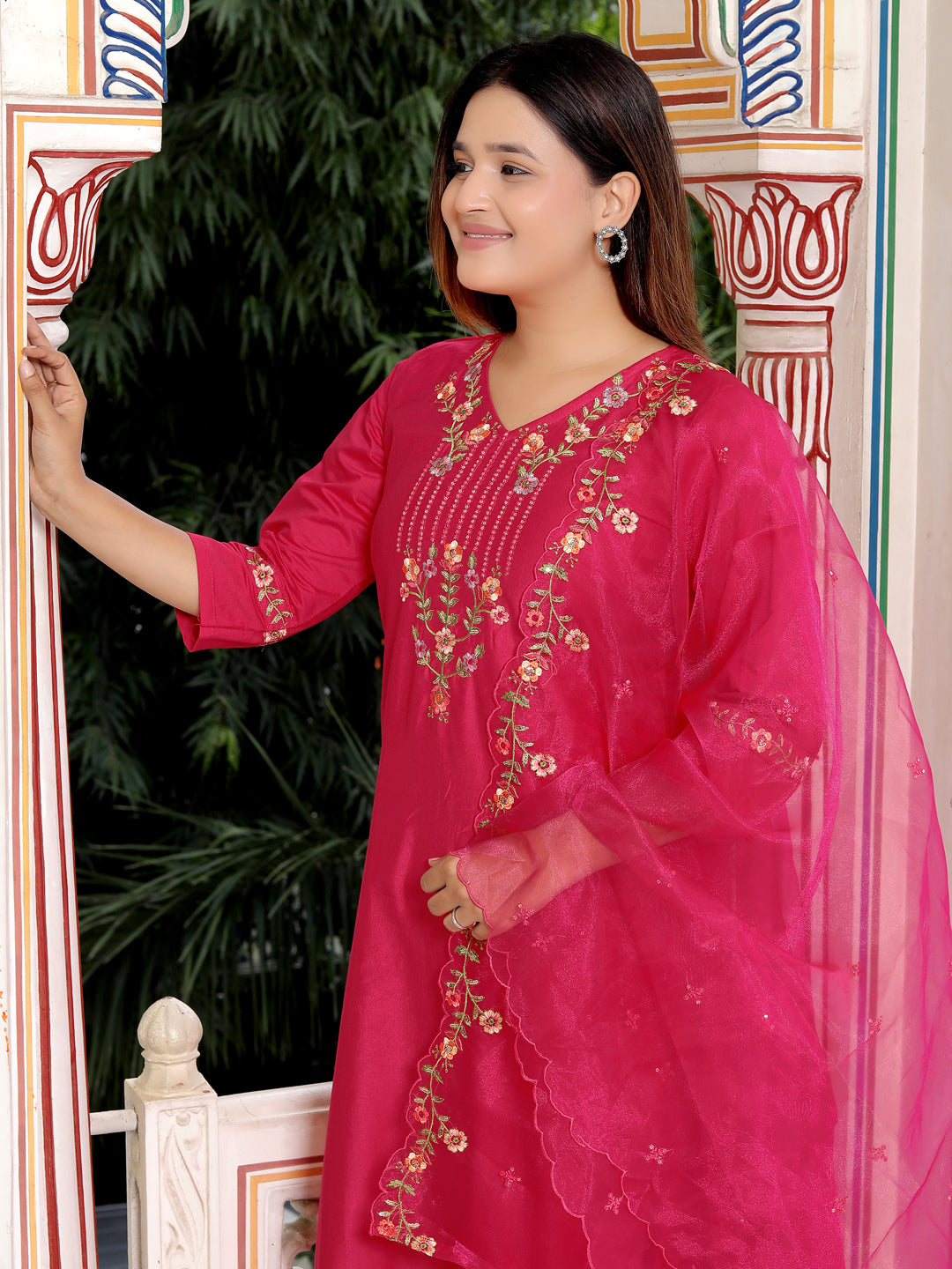 Bhagya Pink Floral Yoke Design V-Neck Sequinned Straight Kurta With Trousers & Dupatta - FitVibe Fashion