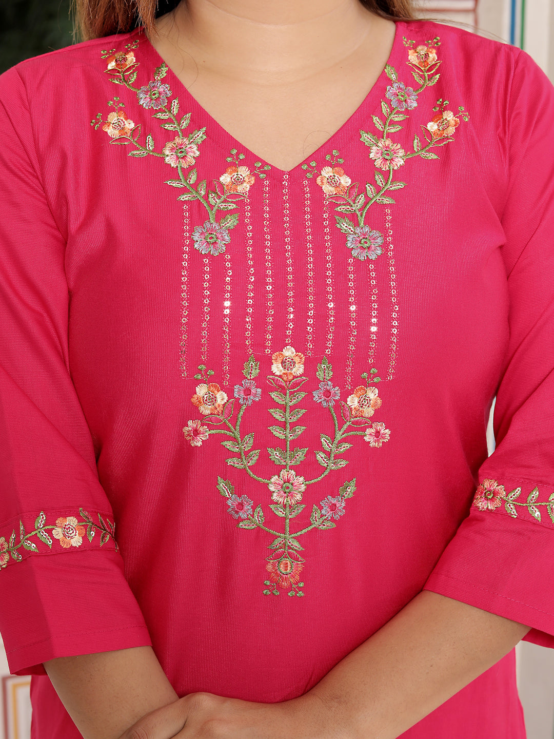 Bhagya Pink Floral Yoke Design V-Neck Sequinned Straight Kurta With Trousers & Dupatta - FitVibe Fashion