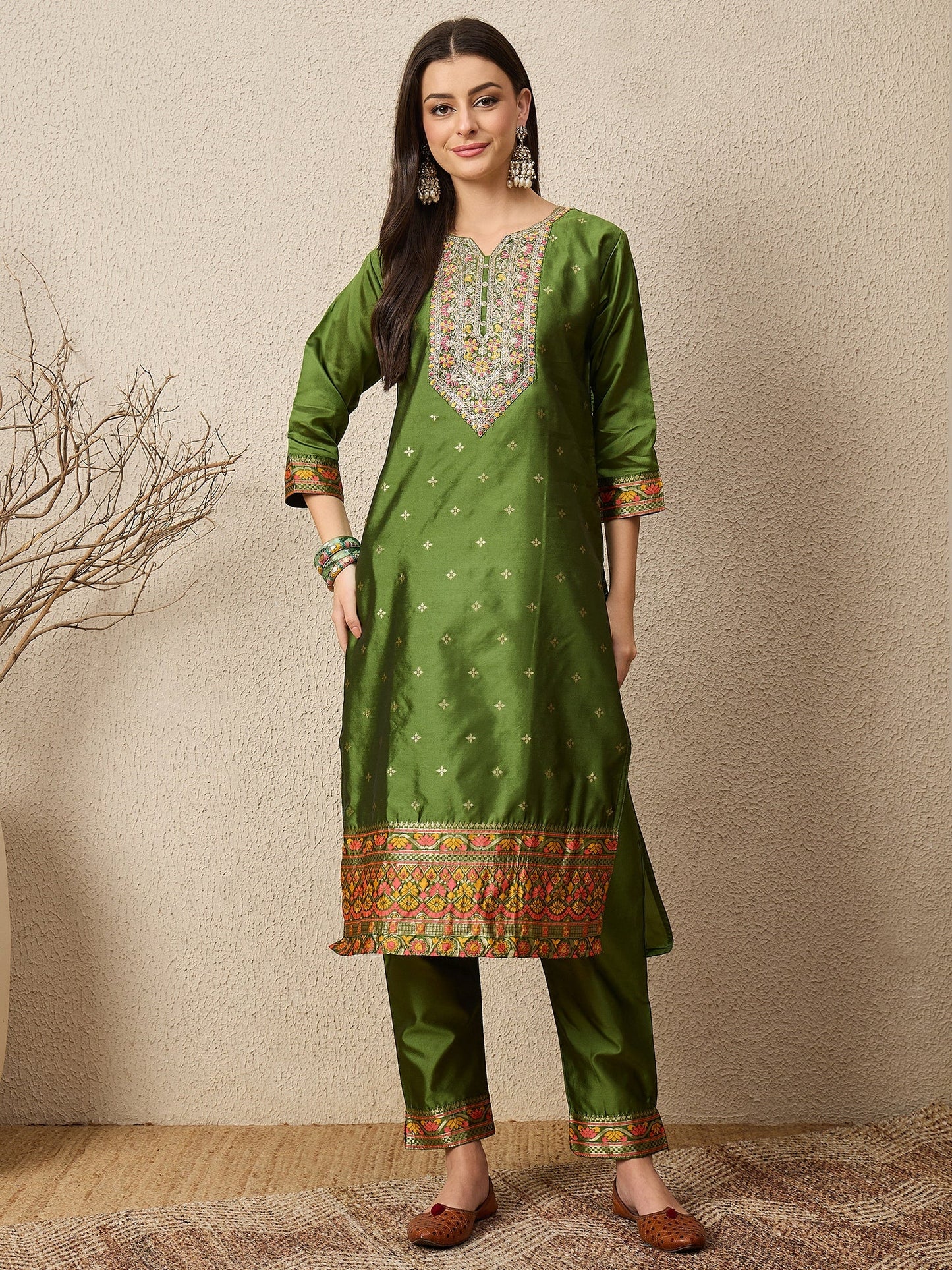 Kahani Women Mehndi Yoke Design Silk Blend Straight Suit With Dupatta - FitVibe Fashion