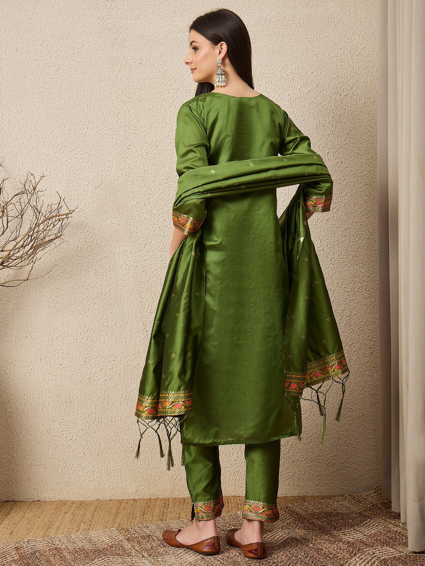 Kahani Women Mehndi Yoke Design Silk Blend Straight Suit With Dupatta - FitVibe Fashion