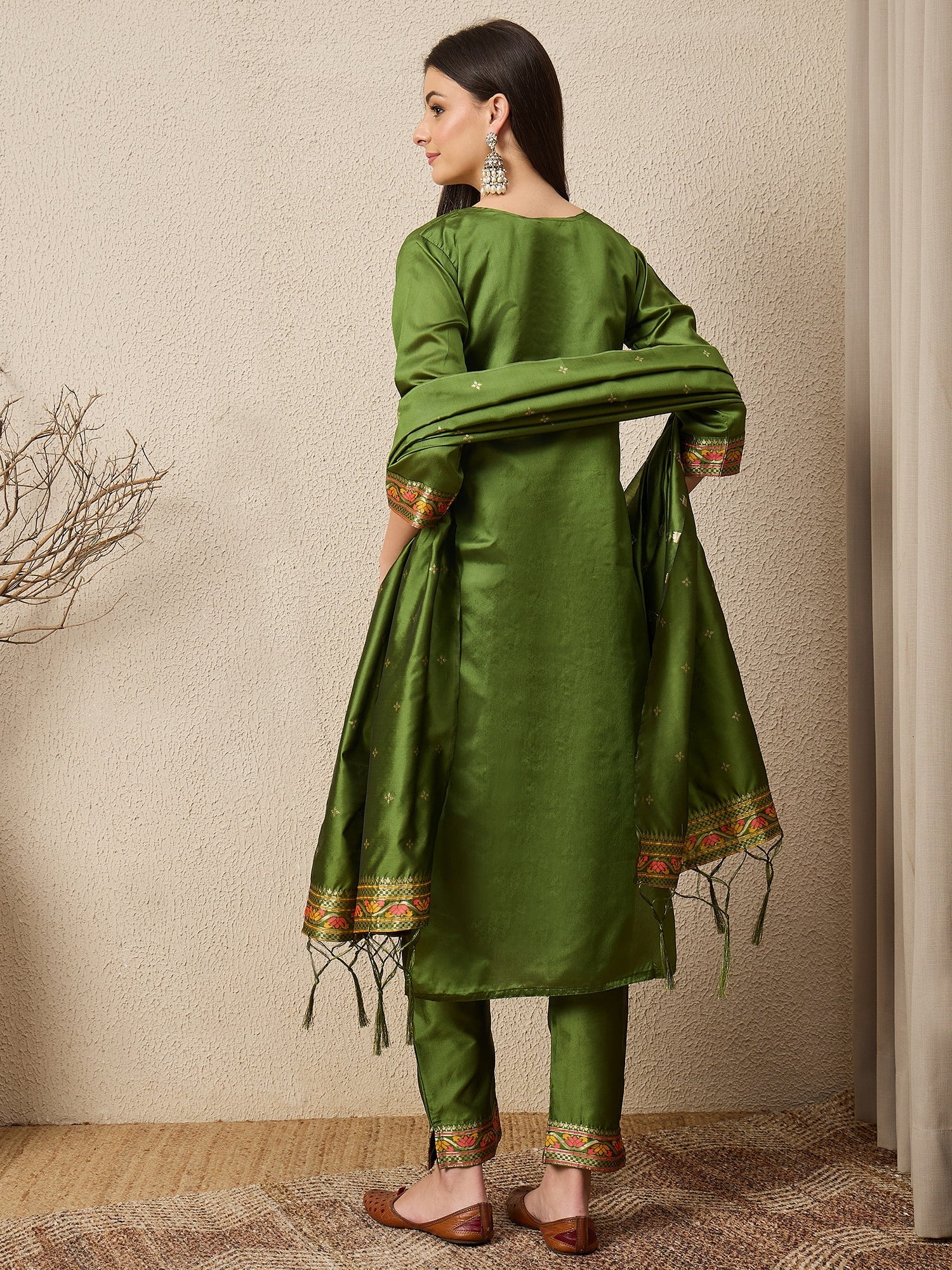 Kahani Women Mehndi Yoke Design Silk Blend Straight Suit With Dupatta - FitVibe Fashion