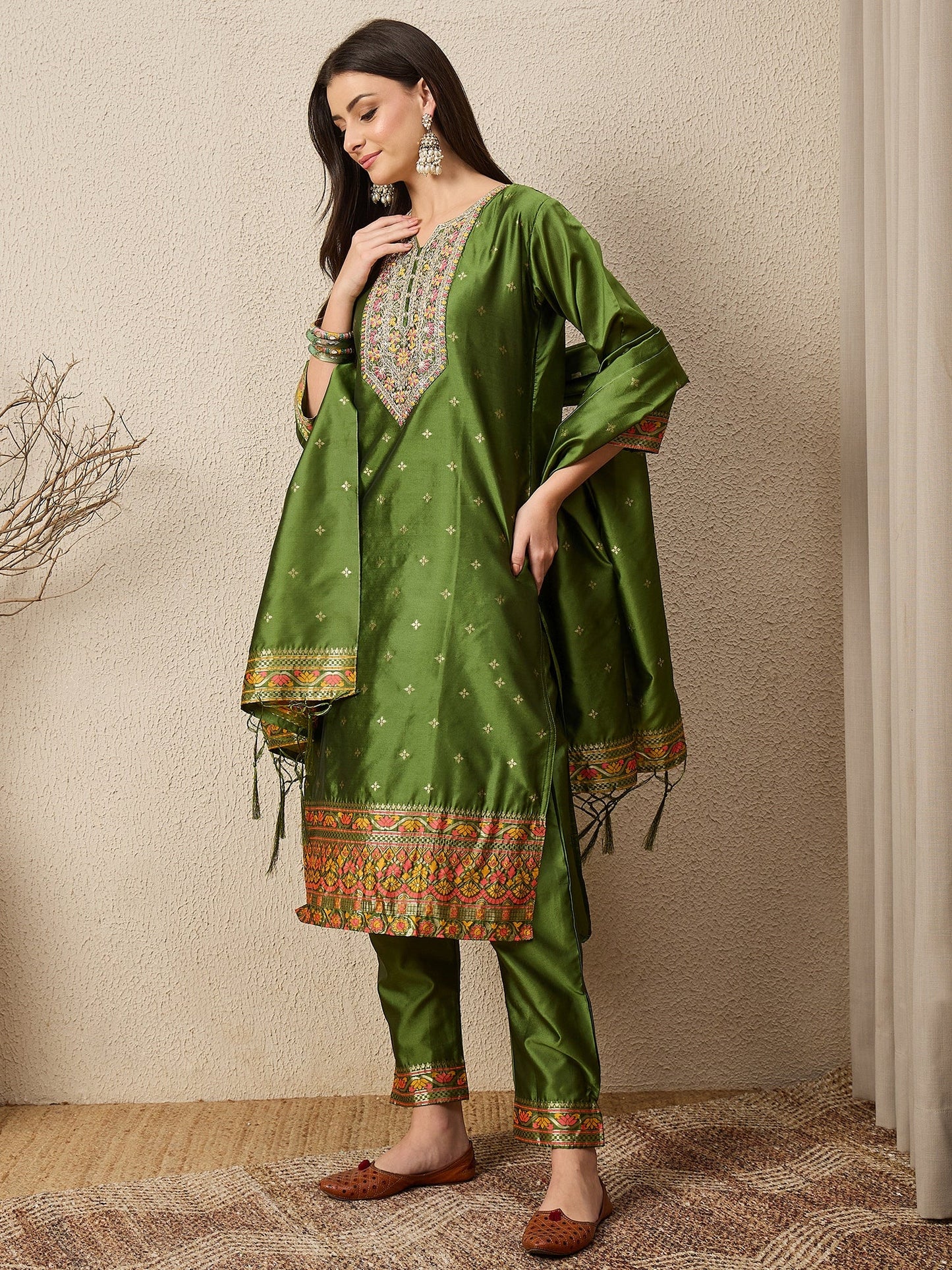 Kahani Women Mehndi Yoke Design Silk Blend Straight Suit With Dupatta - FitVibe Fashion