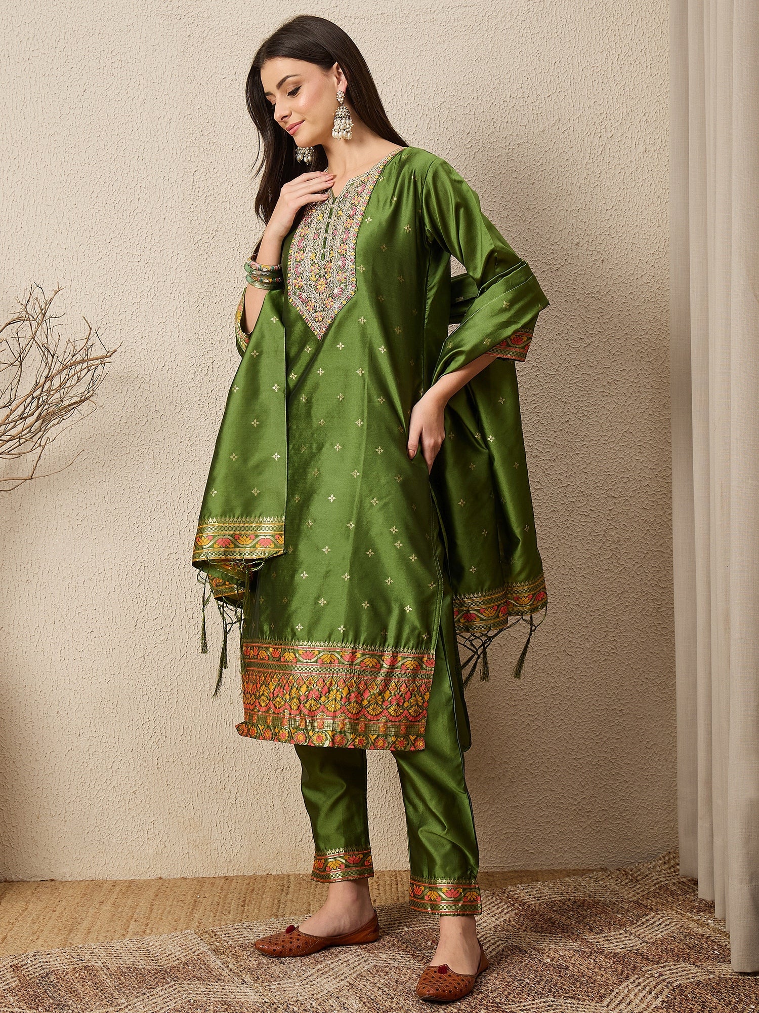 Kahani Women Mehndi Yoke Design Silk Blend Straight Suit With Dupatta - FitVibe Fashion