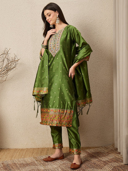 Kahani Women Mehndi Yoke Design Silk Blend Straight Suit With Dupatta - FitVibe Fashion