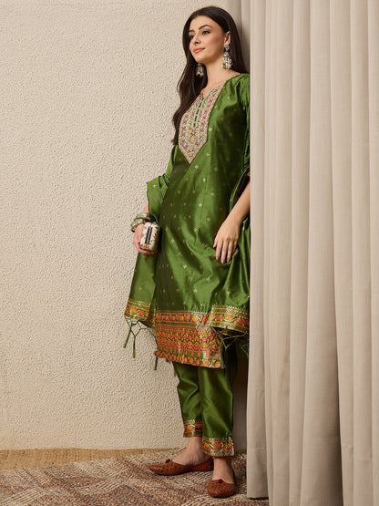 Kahani Women Mehndi Yoke Design Silk Blend Straight Suit With Dupatta - FitVibe Fashion