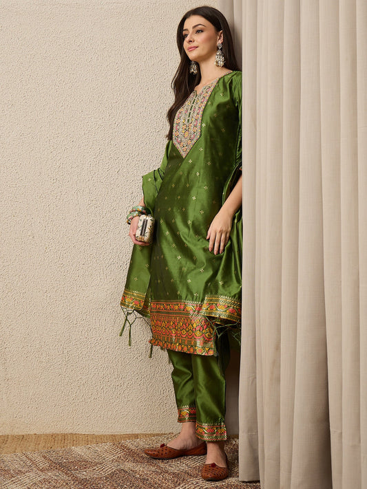 Kahani Women Mehndi Yoke Design Silk Blend Straight Suit With Dupatta - FitVibe Fashion