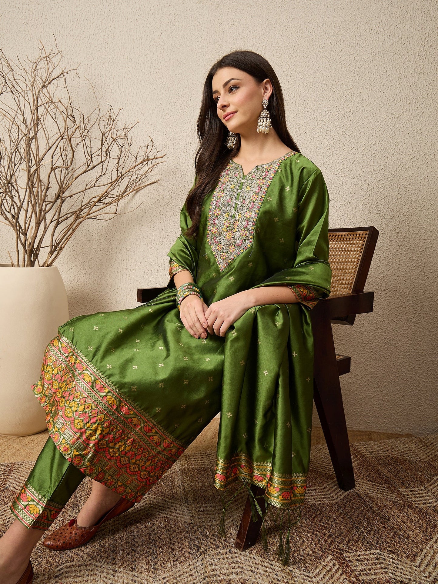 Kahani Women Mehndi Yoke Design Silk Blend Straight Suit With Dupatta - FitVibe Fashion