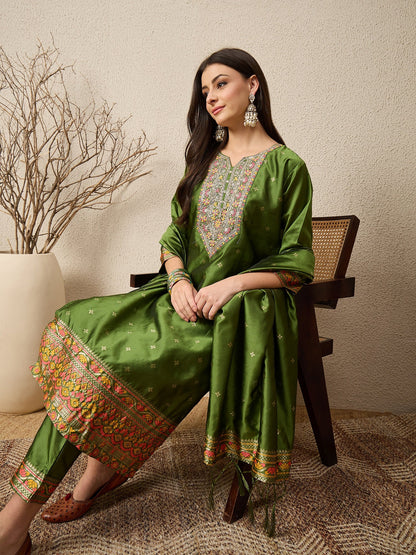 Kahani Women Mehndi Yoke Design Silk Blend Straight Suit With Dupatta - FitVibe Fashion