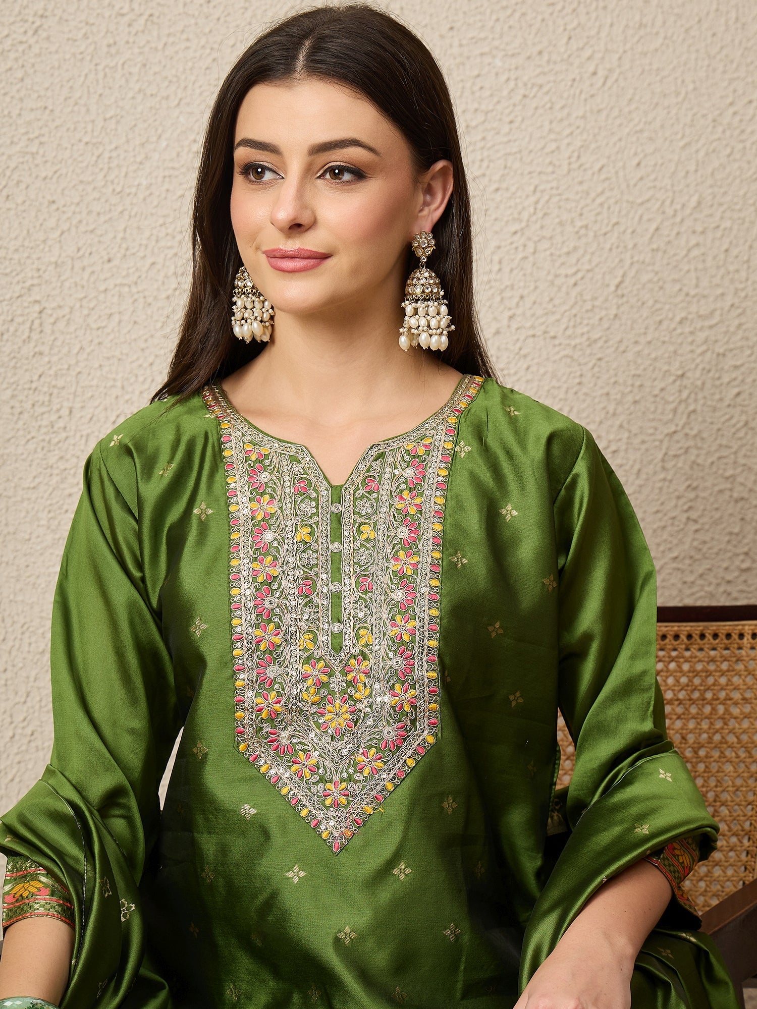 Kahani Women Mehndi Yoke Design Silk Blend Straight Suit With Dupatta - FitVibe Fashion