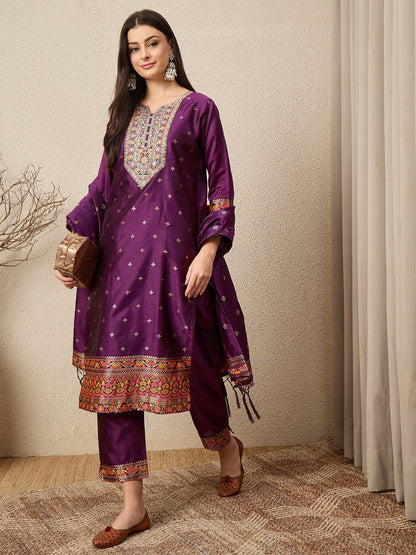 Kahani Women Purple Yoke Design Silk Blend Straight Suit With Dupatta - FitVibe Fashion