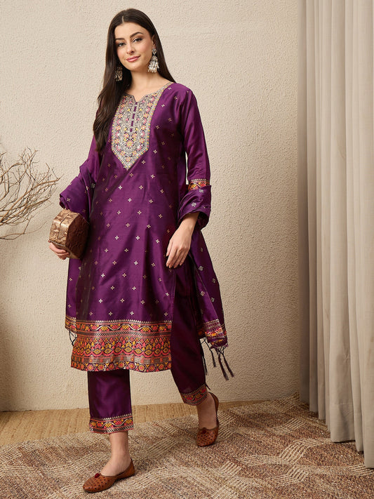 Kahani Women Purple Yoke Design Silk Blend Straight Suit With Dupatta - FitVibe Fashion