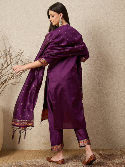 Kahani Women Purple Yoke Design Silk Blend Straight Suit With Dupatta - FitVibe Fashion