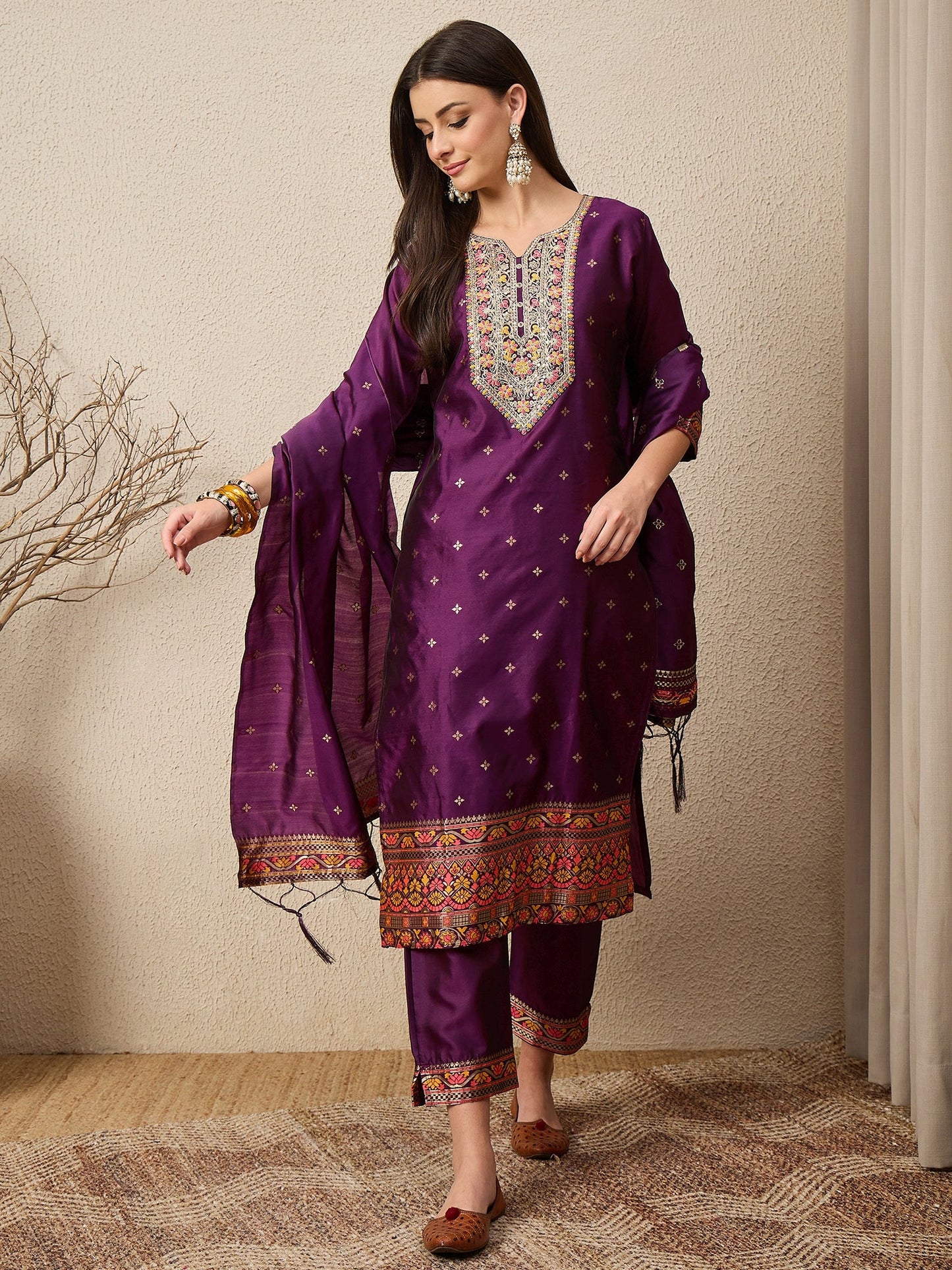 Kahani Women Purple Yoke Design Silk Blend Straight Suit With Dupatta - FitVibe Fashion