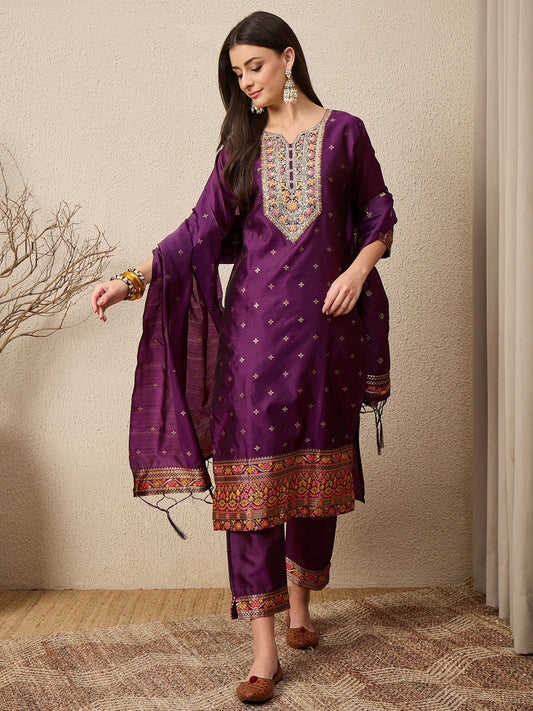 Kahani Women Purple Yoke Design Silk Blend Straight Suit With Dupatta - FitVibe Fashion