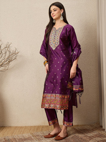 Kahani Women Purple Yoke Design Silk Blend Straight Suit With Dupatta - FitVibe Fashion