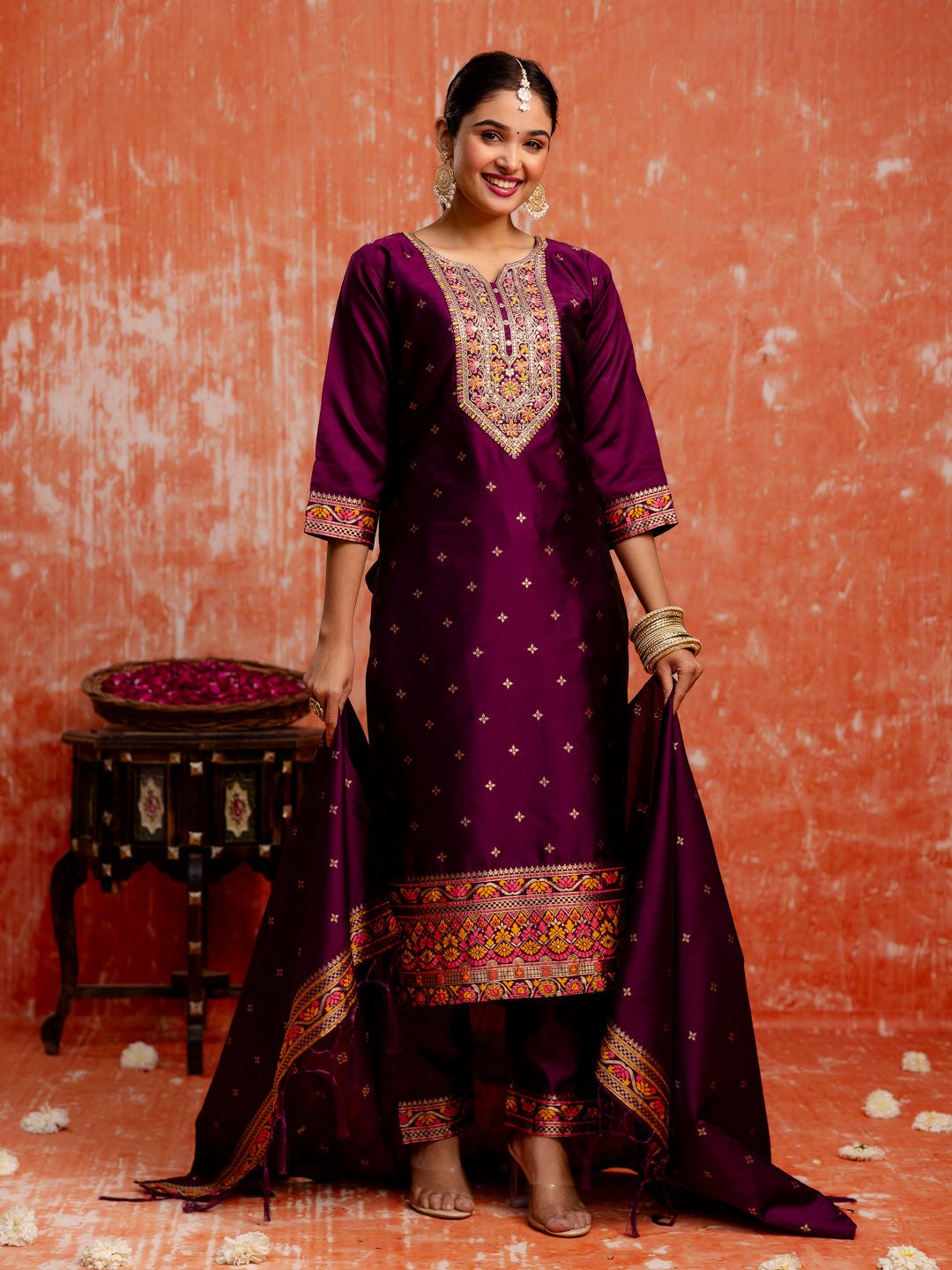 Ritika Women Silk Blend Kurta Pant Dupatta Set - FitVibe Fashion